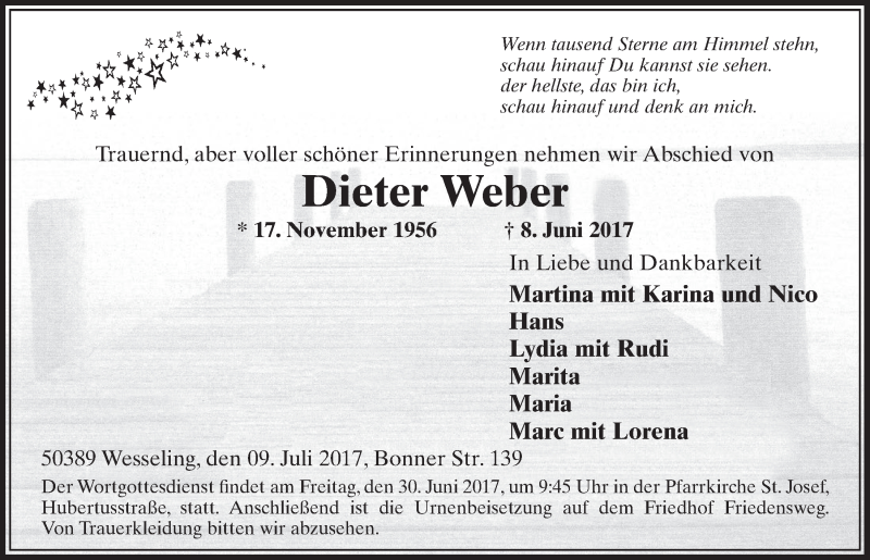  Traueranzeige für Dieter Weber vom 28.06.2017 aus  Schlossbote/Werbekurier 