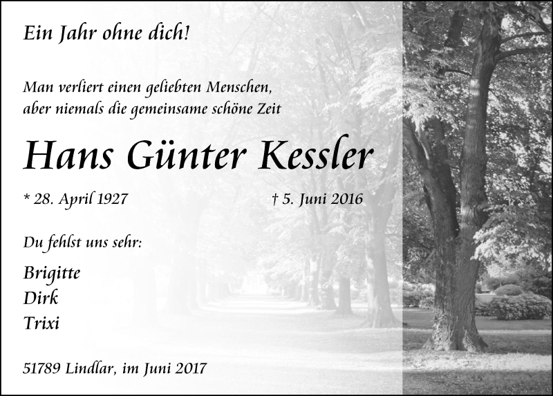  Traueranzeige für Hans Günter Kessler vom 07.06.2017 aus  Anzeigen Echo 