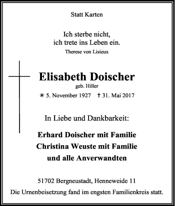Anzeige von Elisabeth Doischer von Kölner Stadt-Anzeiger / Kölnische Rundschau / Express