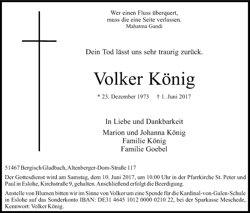  Traueranzeige für Volker König vom 08.06.2017 aus Kölner Stadt-Anzeiger / Kölnische Rundschau / Express