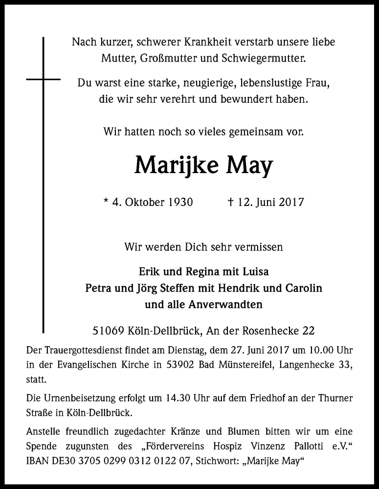  Traueranzeige für Marijke May vom 24.06.2017 aus Kölner Stadt-Anzeiger / Kölnische Rundschau / Express