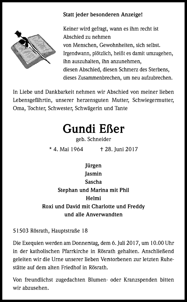  Traueranzeige für Gundi Eßer vom 01.07.2017 aus Kölner Stadt-Anzeiger / Kölnische Rundschau / Express