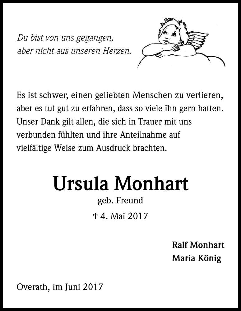  Traueranzeige für Ursula Monhart vom 22.06.2017 aus Kölner Stadt-Anzeiger / Kölnische Rundschau / Express