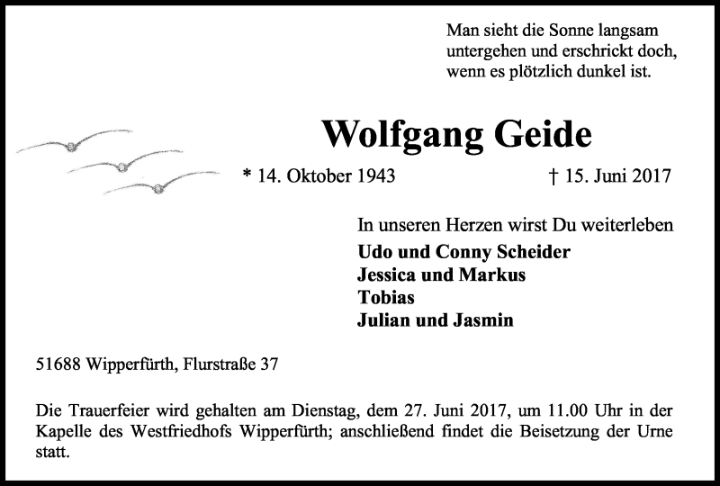  Traueranzeige für Wolfgang Geide vom 20.06.2017 aus Kölner Stadt-Anzeiger / Kölnische Rundschau / Express