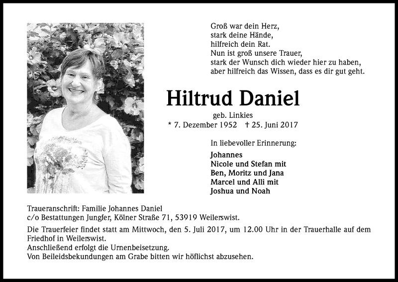  Traueranzeige für Hiltrud Daniel vom 01.07.2017 aus Kölner Stadt-Anzeiger / Kölnische Rundschau / Express
