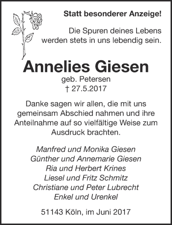 Anzeige von Annelies Giesen von  Kölner Wochenspiegel  Extra Blatt 