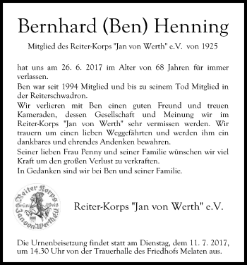 Anzeige von Bernhard  Henning von Kölner Stadt-Anzeiger / Kölnische Rundschau / Express