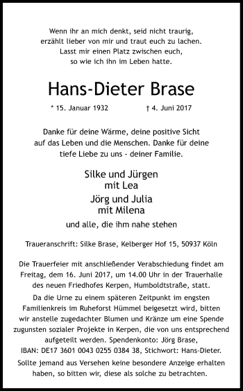 Anzeige von Hans-Dieter Brase von Kölner Stadt-Anzeiger / Kölnische Rundschau / Express