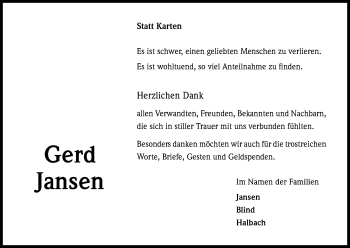 Anzeige von Gerd Jansen von Kölner Stadt-Anzeiger / Kölnische Rundschau / Express