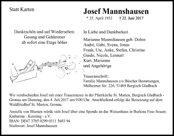 Anzeige von Josef Mannshausen von Kölner Stadt-Anzeiger / Kölnische Rundschau / Express