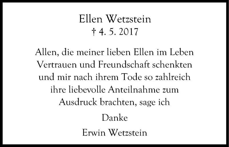  Traueranzeige für Ellen Wetzstein vom 10.06.2017 aus Kölner Stadt-Anzeiger / Kölnische Rundschau / Express