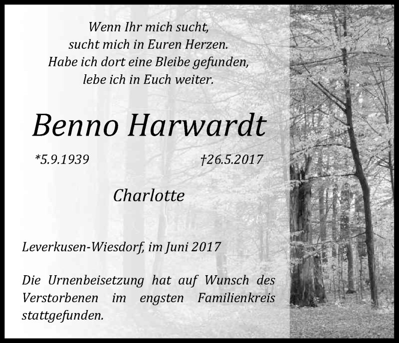  Traueranzeige für Benno Harwardt vom 15.06.2017 aus Kölner Stadt-Anzeiger / Kölnische Rundschau / Express