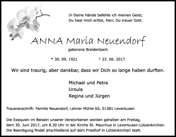 Anzeige von Anna Maria Neuendorf von Kölner Stadt-Anzeiger / Kölnische Rundschau / Express