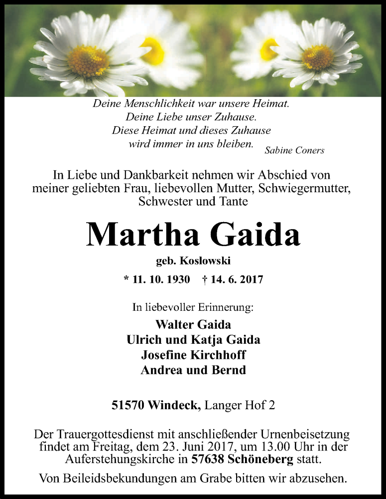  Traueranzeige für Martha Gaida vom 20.06.2017 aus Kölner Stadt-Anzeiger / Kölnische Rundschau / Express