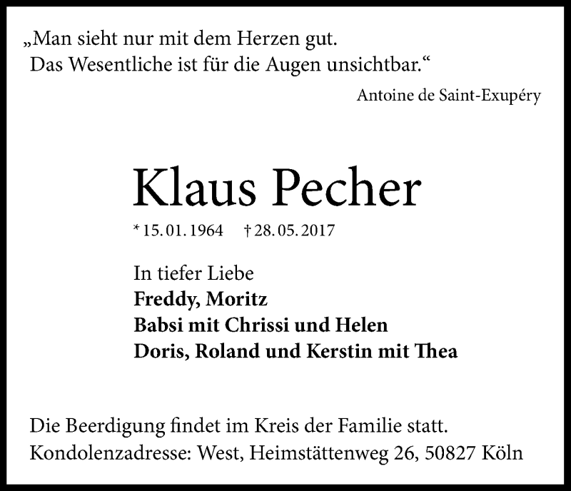  Traueranzeige für Klaus Pecher vom 03.06.2017 aus Kölner Stadt-Anzeiger / Kölnische Rundschau / Express