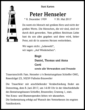 Anzeige von Peter Henseler von Kölner Stadt-Anzeiger / Kölnische Rundschau / Express