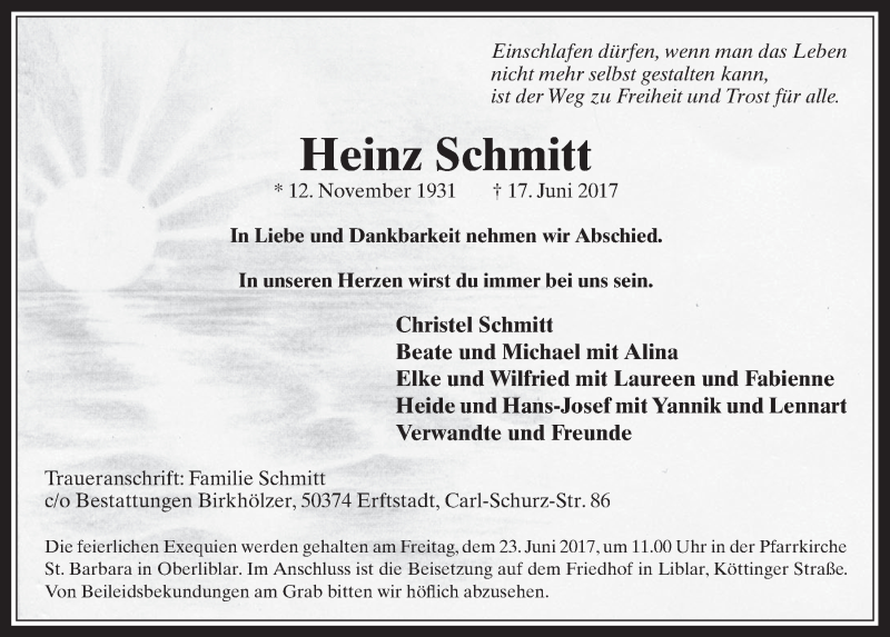  Traueranzeige für Heinz Schmitt vom 21.06.2017 aus  Werbepost 