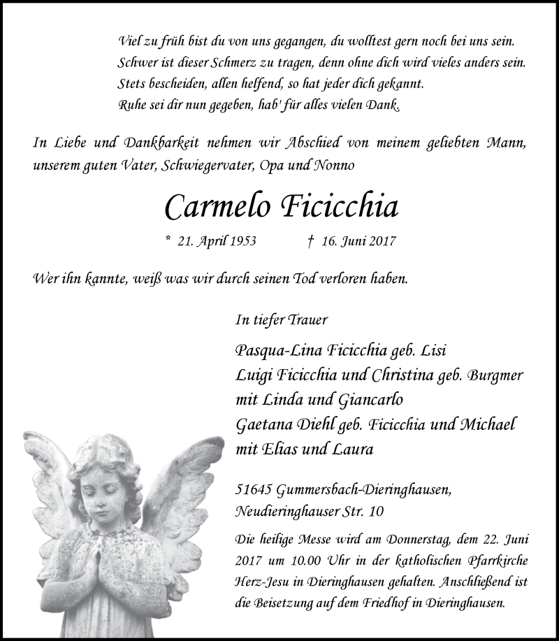  Traueranzeige für Carmelo Ficicchia vom 21.06.2017 aus  Anzeigen Echo 