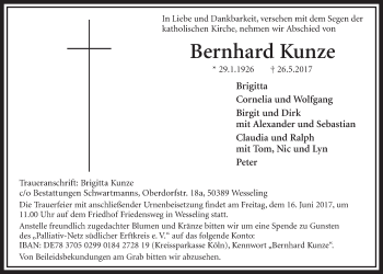 Anzeige von Bernhard Kunze von  Schlossbote/Werbekurier 