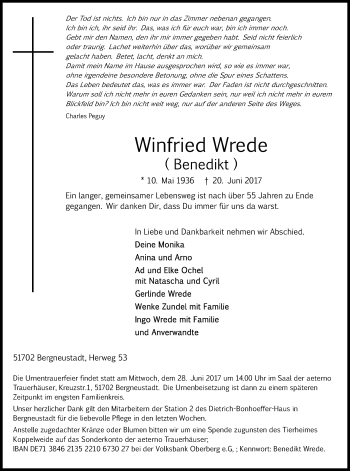 Anzeige von Winfried Wrede von Kölner Stadt-Anzeiger / Kölnische Rundschau / Express