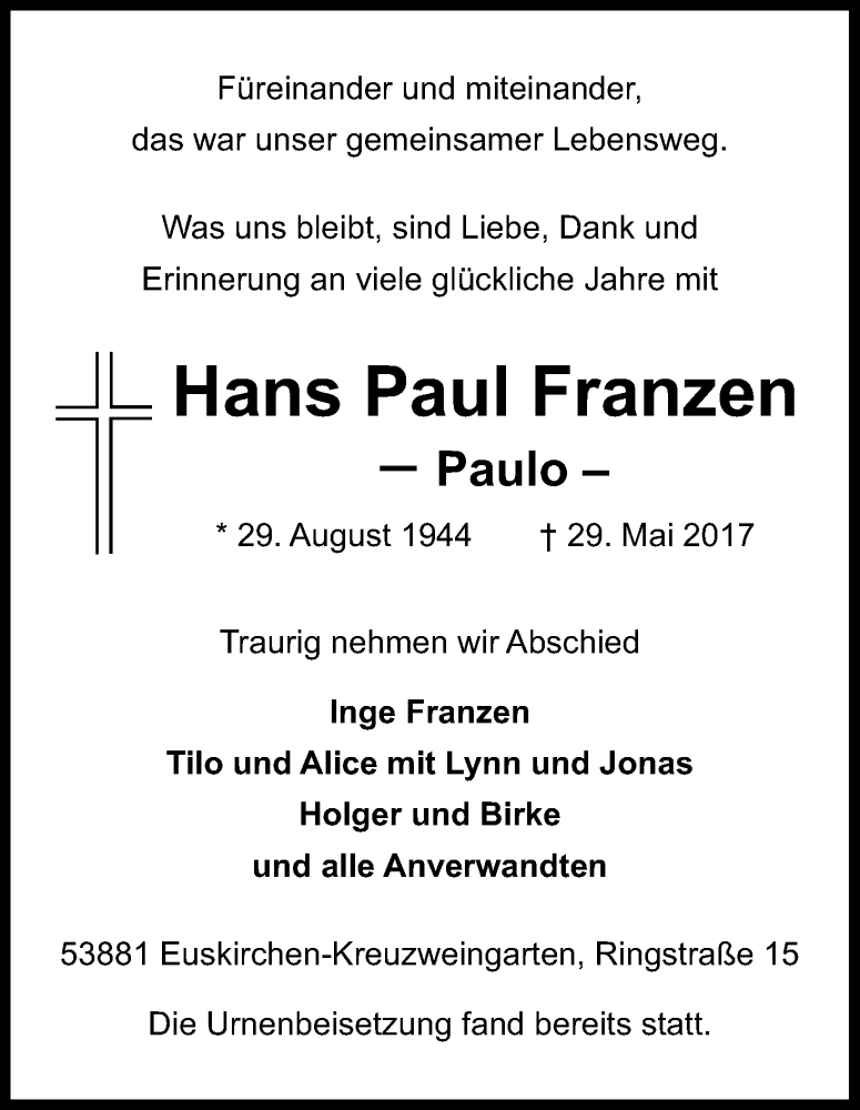  Traueranzeige für Hans Paul Franzen vom 24.06.2017 aus Kölner Stadt-Anzeiger / Kölnische Rundschau / Express