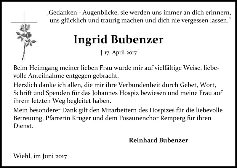  Traueranzeige für Ingrid Bubenzer vom 28.06.2017 aus Kölner Stadt-Anzeiger / Kölnische Rundschau / Express