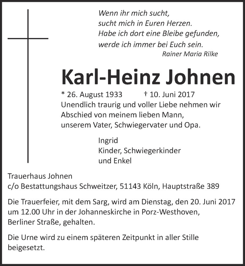  Traueranzeige für Karl-Heinz Johnen vom 14.06.2017 aus  Kölner Wochenspiegel 