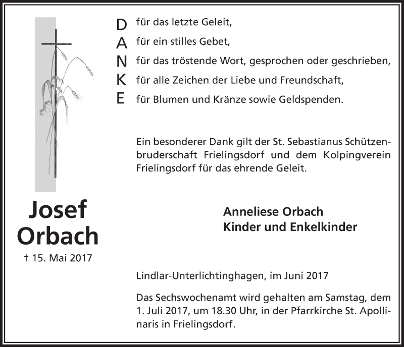  Traueranzeige für Josef Orbach vom 21.06.2017 aus  Anzeigen Echo 