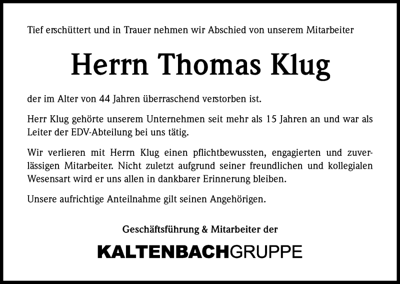 Traueranzeige für Thomas Klug vom 07.06.2017 aus Kölner Stadt-Anzeiger / Kölnische Rundschau / Express