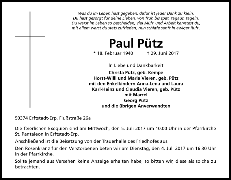  Traueranzeige für Paul Pütz vom 01.07.2017 aus Kölner Stadt-Anzeiger / Kölnische Rundschau / Express