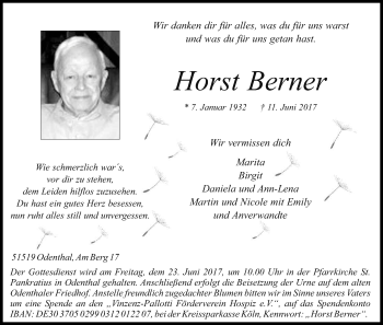 Anzeige von Horst Berner von Kölner Stadt-Anzeiger / Kölnische Rundschau / Express
