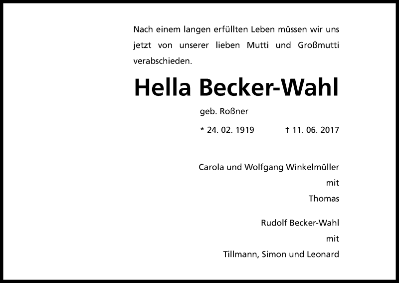  Traueranzeige für Hella Becker-Wahl vom 17.06.2017 aus Kölner Stadt-Anzeiger / Kölnische Rundschau / Express