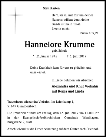 Anzeige von Hannelore Krumme von Kölner Stadt-Anzeiger / Kölnische Rundschau / Express