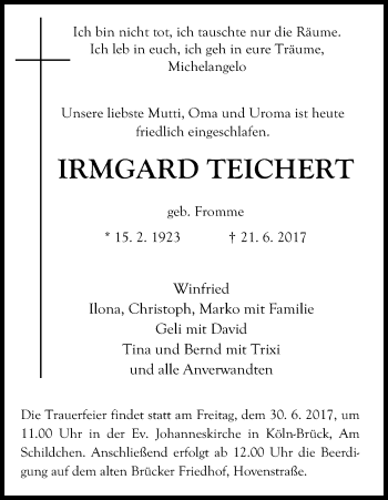 Anzeige von Irmgard Teichert von Kölner Stadt-Anzeiger / Kölnische Rundschau / Express