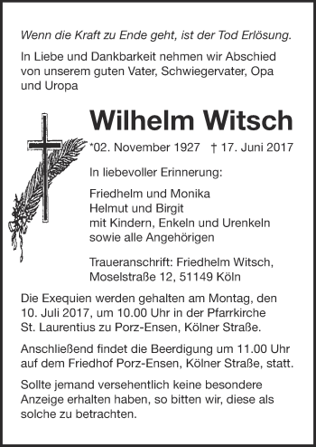 Anzeige von Wilhelm Witsch von  Kölner Wochenspiegel 