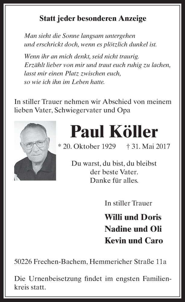  Traueranzeige für Paul Köller vom 07.06.2017 aus  Wochenende 