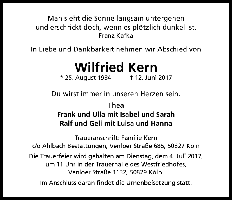  Traueranzeige für Wilfried Kern vom 24.06.2017 aus Kölner Stadt-Anzeiger / Kölnische Rundschau / Express