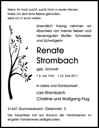 Anzeige von Renate Strombach von Kölner Stadt-Anzeiger / Kölnische Rundschau / Express