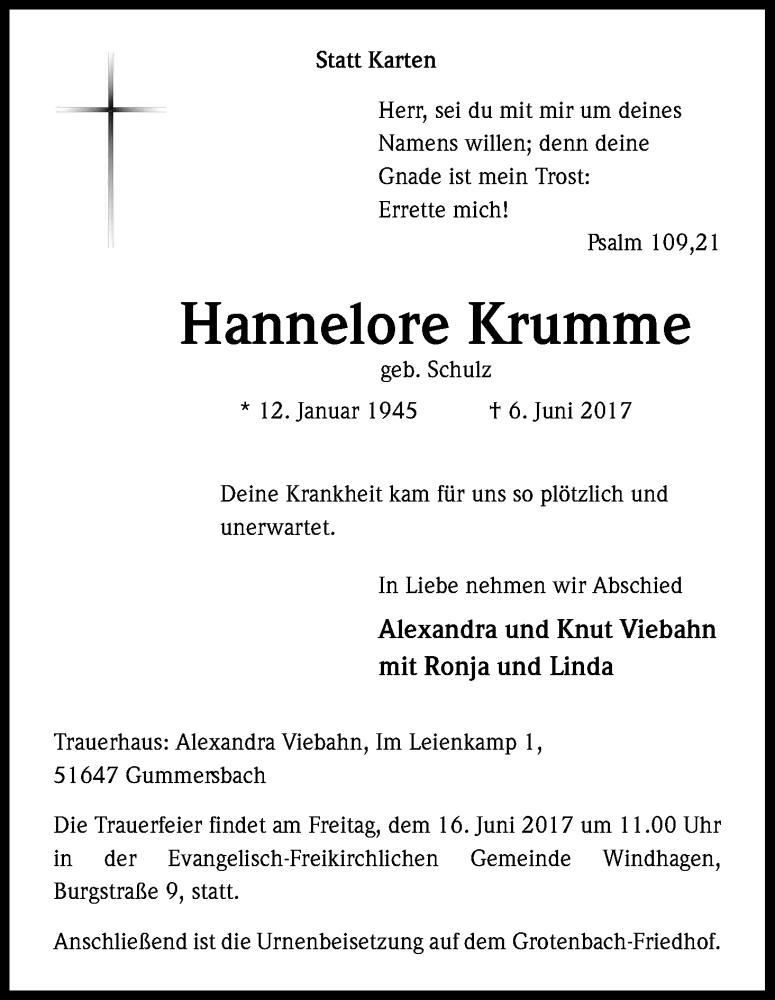  Traueranzeige für Hannelore Krumme vom 10.06.2017 aus Kölner Stadt-Anzeiger / Kölnische Rundschau / Express
