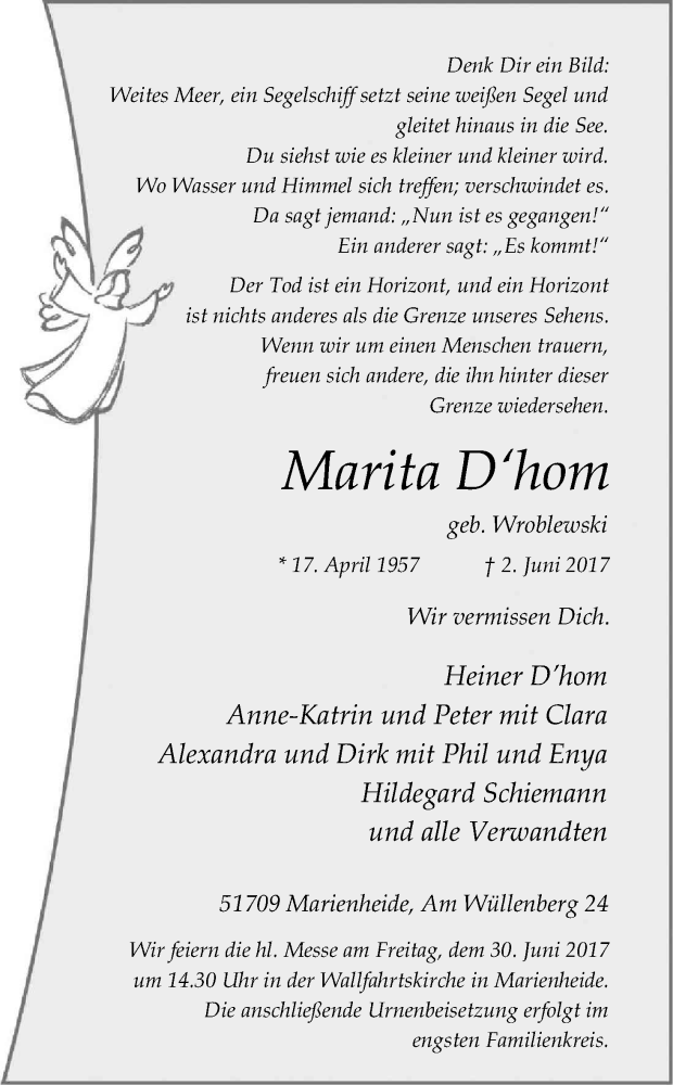  Traueranzeige für Marita D´hom vom 22.06.2017 aus Kölner Stadt-Anzeiger / Kölnische Rundschau / Express