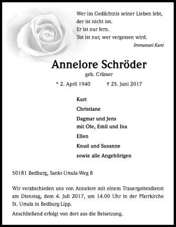 Anzeige von Annelore Schröder von Kölner Stadt-Anzeiger / Kölnische Rundschau / Express