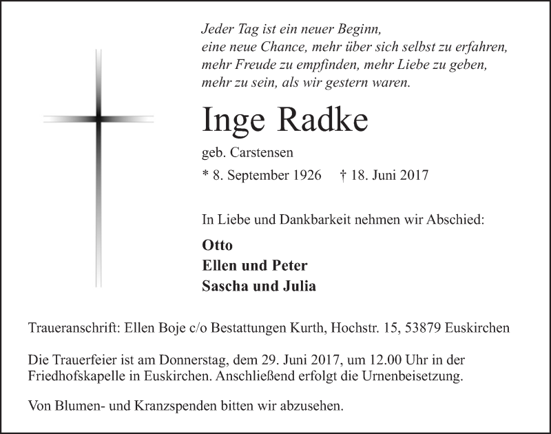  Traueranzeige für Inge Radke vom 24.06.2017 aus  Blickpunkt Euskirchen 