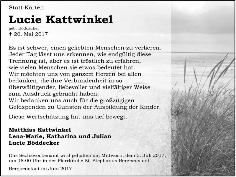  Traueranzeige für Lucie Kattwinkel vom 28.06.2017 aus  Anzeigen Echo 