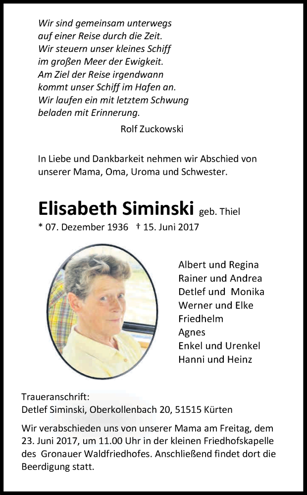  Traueranzeige für Elisabeth Siminski vom 20.06.2017 aus Kölner Stadt-Anzeiger / Kölnische Rundschau / Express