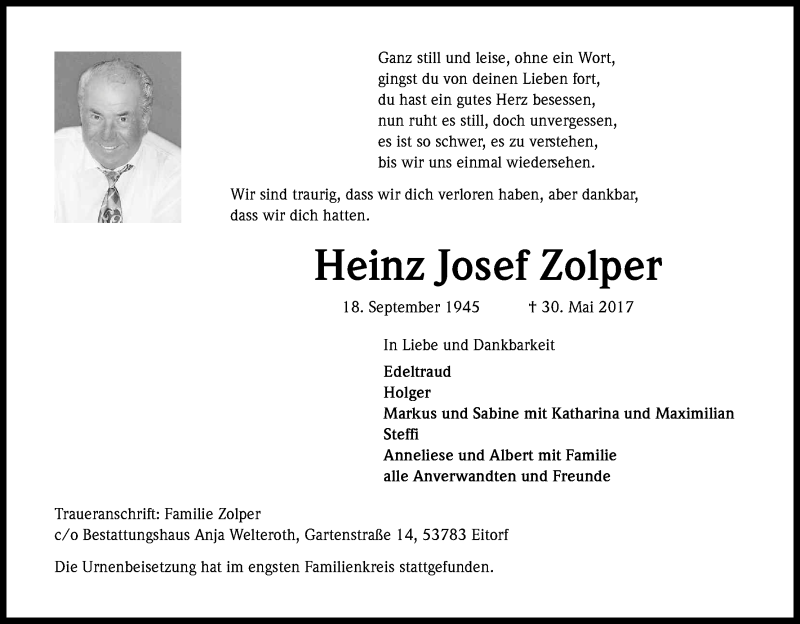  Traueranzeige für Heinz Josef Zolper vom 10.06.2017 aus Kölner Stadt-Anzeiger / Kölnische Rundschau / Express