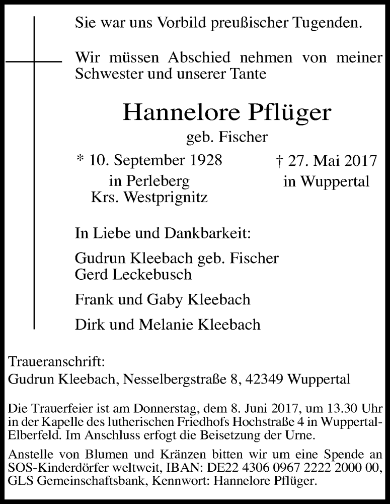  Traueranzeige für Hannelore Pflüger vom 03.06.2017 aus Kölner Stadt-Anzeiger / Kölnische Rundschau / Express