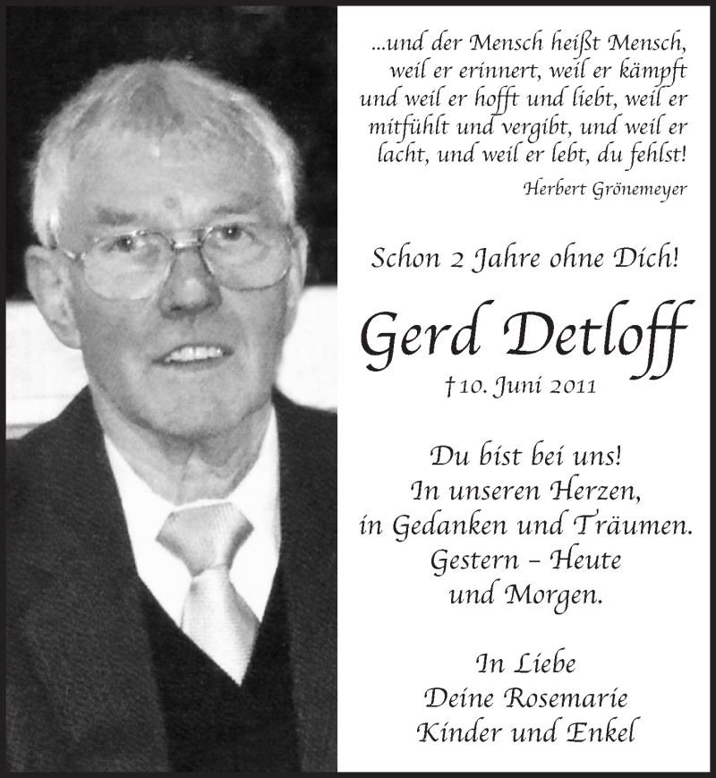 Traueranzeige für Gerd Detloff vom 10.06.2013 aus Lokalanzeiger 