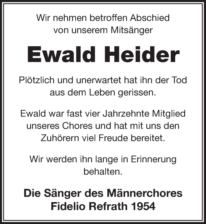  Traueranzeige für Ewald Heider vom 10.06.2017 aus  Bergisches Sonntagsblatt 