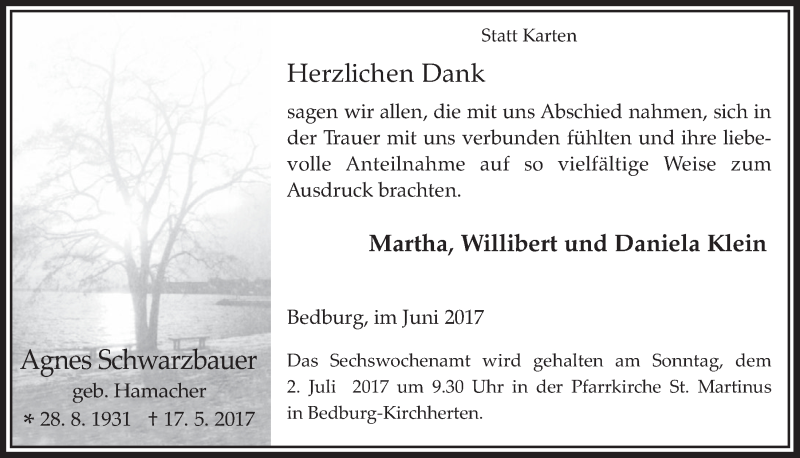  Traueranzeige für Agnes Schwarzbauer vom 28.06.2017 aus  Werbepost 