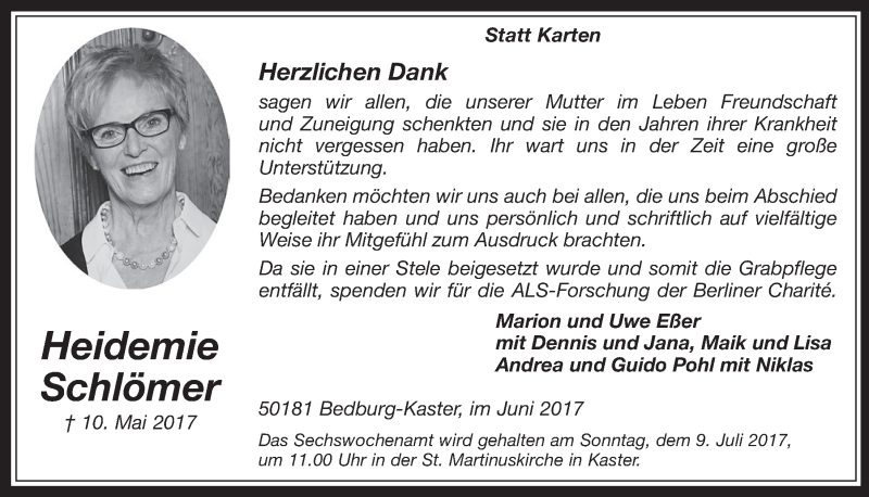  Traueranzeige für Heidemie Schlömer vom 28.06.2017 aus  Werbepost 